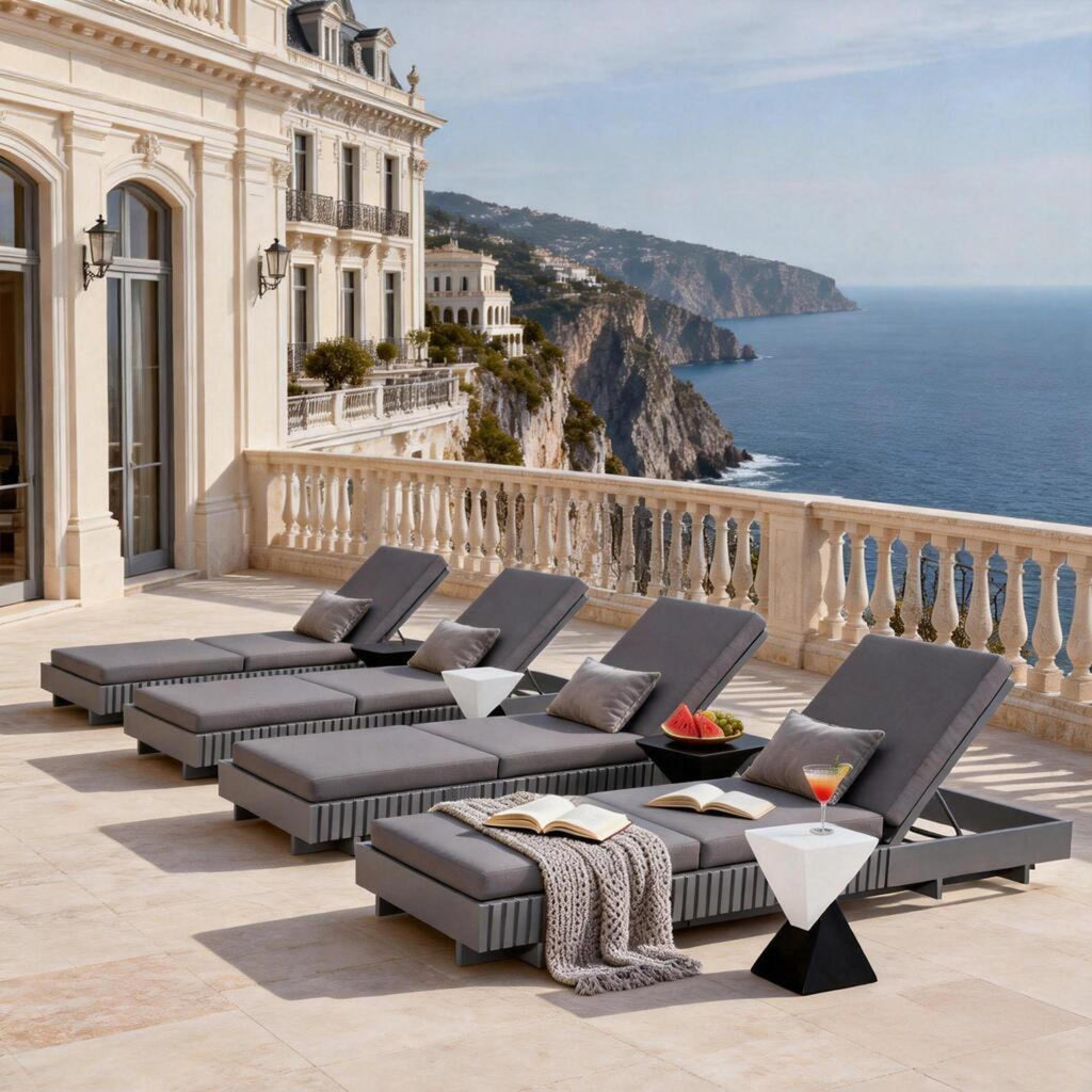 Dark Grey Acacia Wood Outdoor Chaise Lounge with 3-Fold Cushion