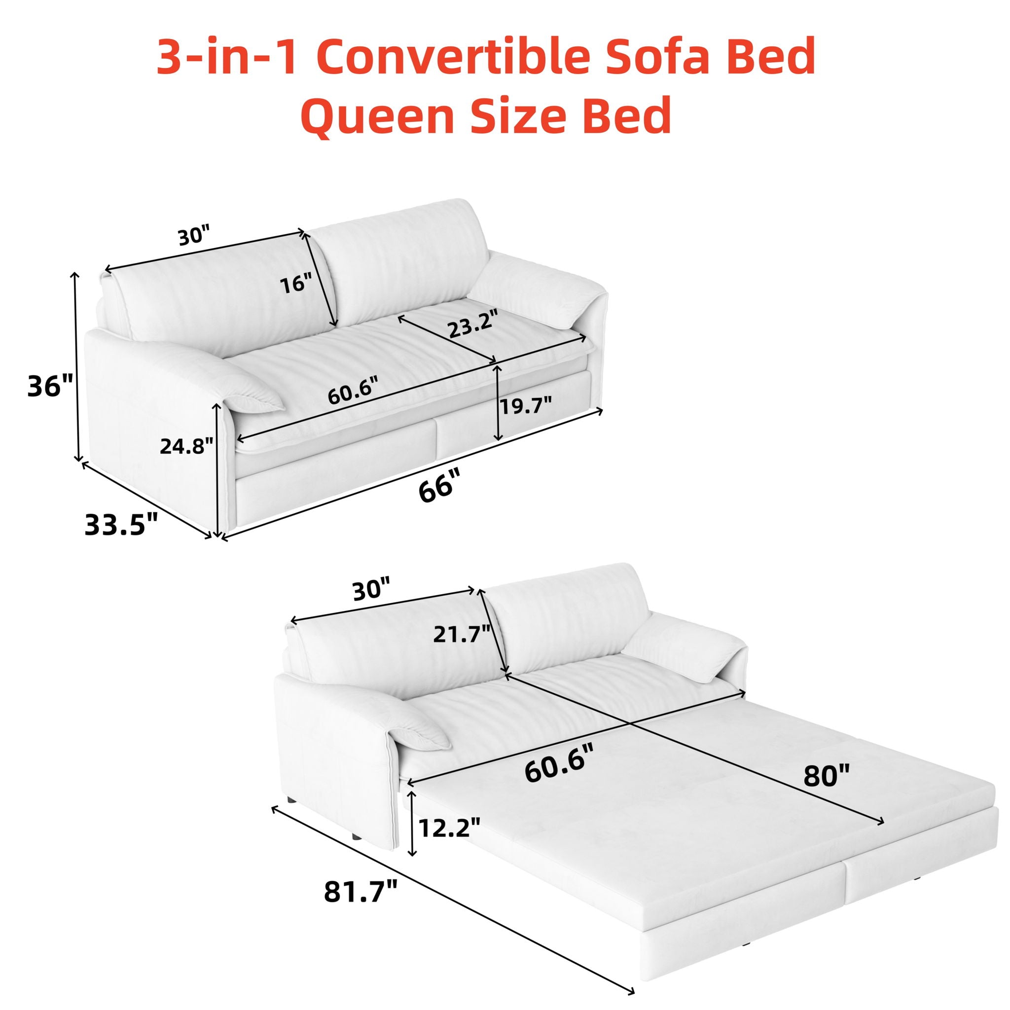 Queen Pull Out Sofa Bed, 3-in-1 Convertible Sleeper Sofa with Side Storage