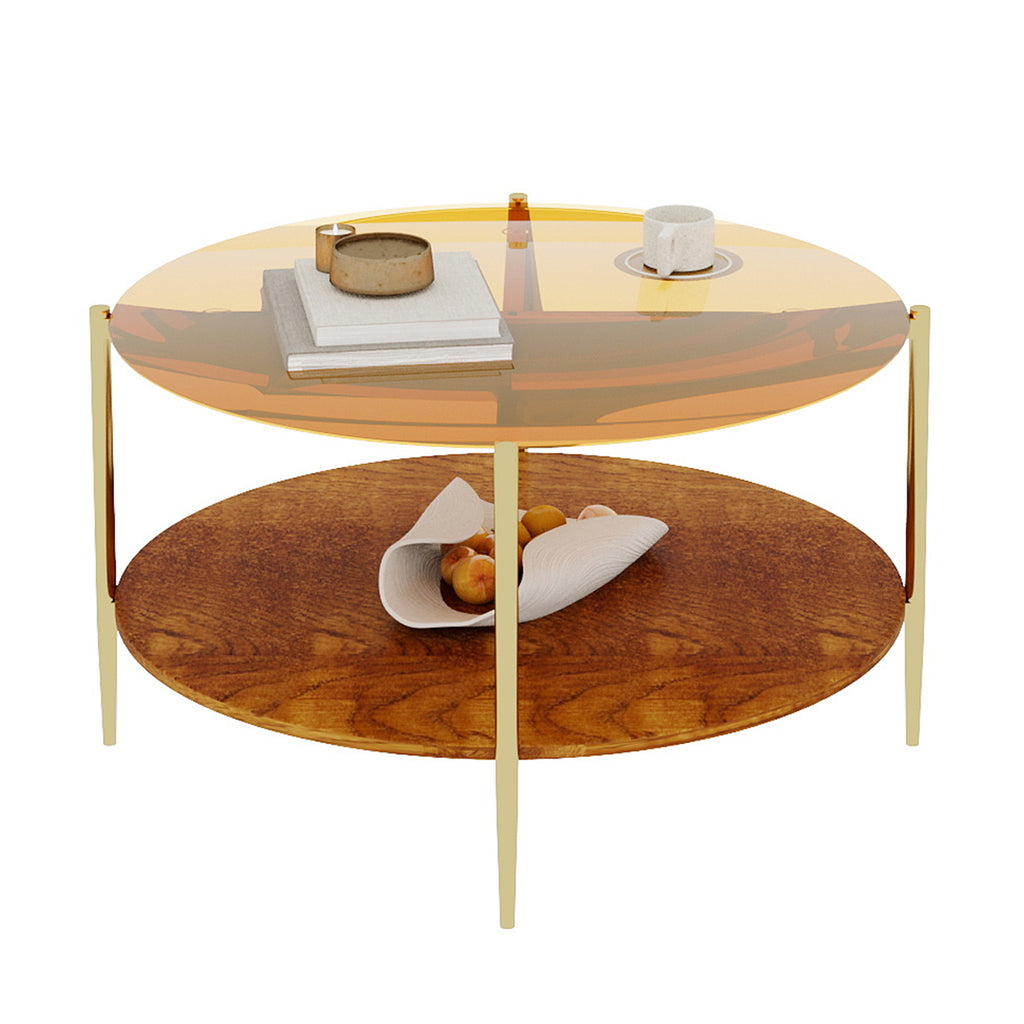 Luxurious Round Coffee Table with Gold-Tinted Tempered Glass Top