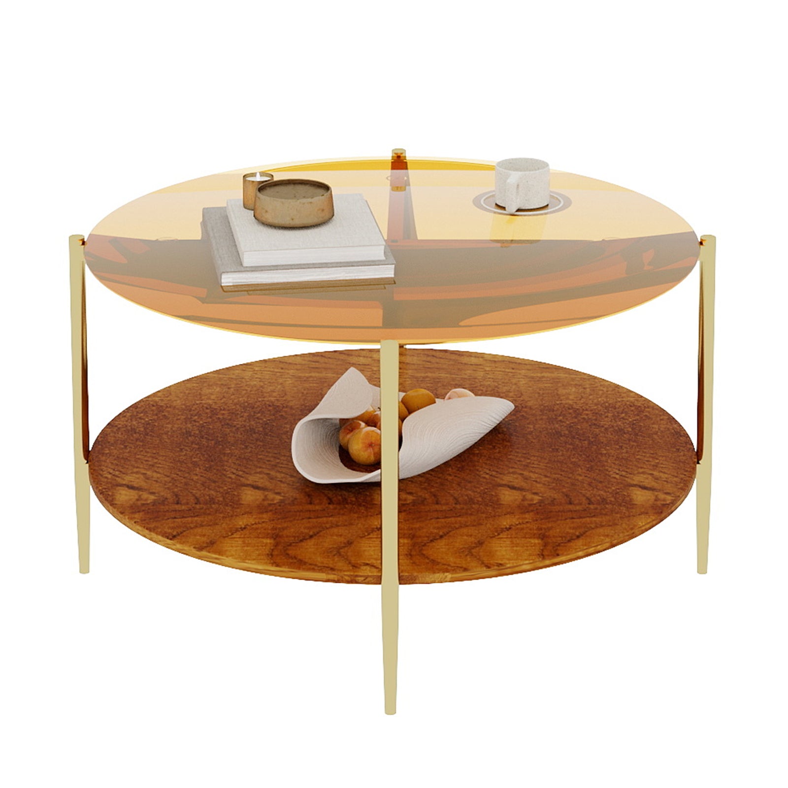 Luxurious Round Coffee Table with Gold-Tinted Tempered Glass Top