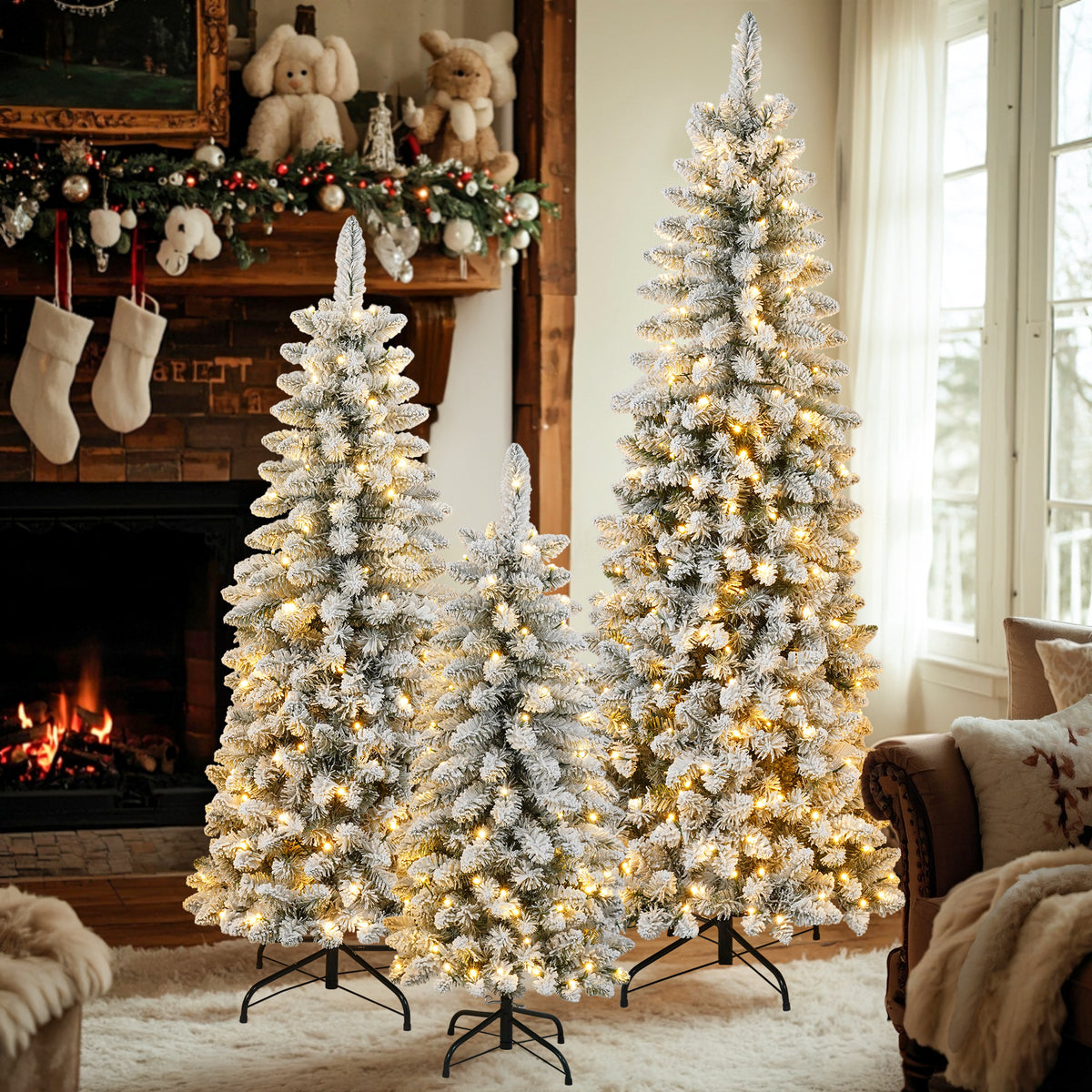 3-Piece Flocked Christmas Tree Set with Warm LED Lights, 4ft 5ft 6ft, Green