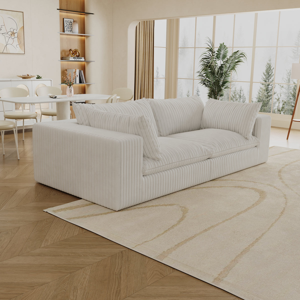 Y137 2-Seat Sofa, White Fabric with Feather-Filled Cushions
