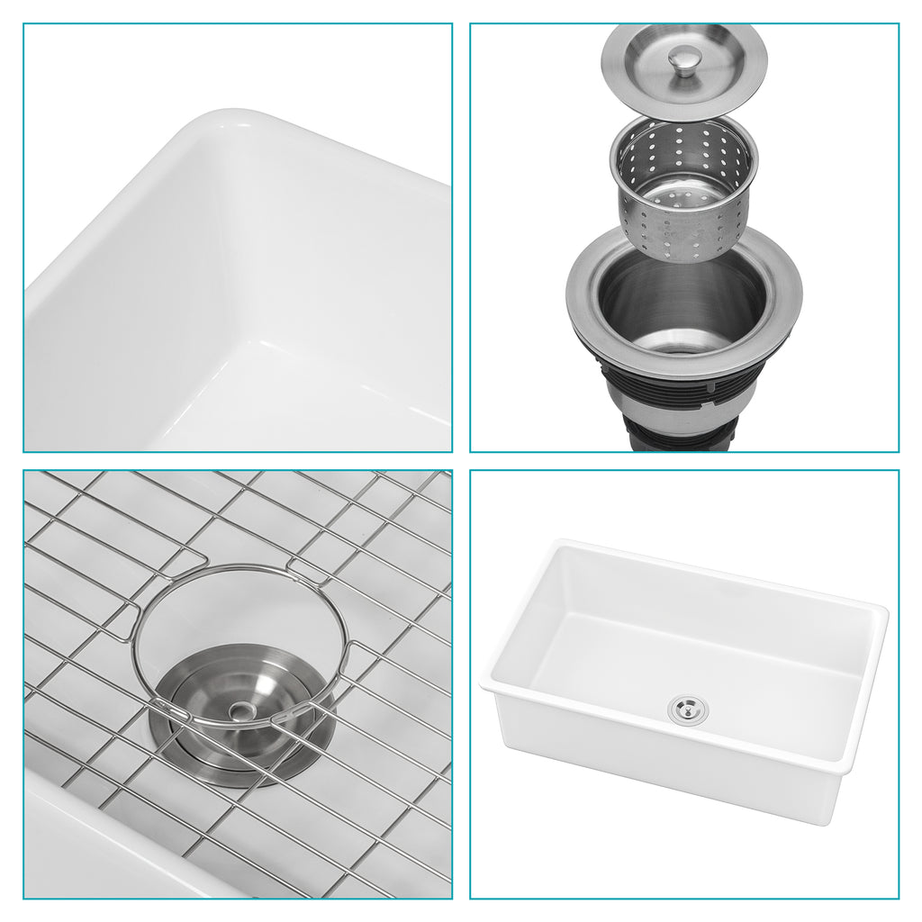 32"x19"x10" Undermount Single Bowl Porcelain Fireclay Kitchen Sink