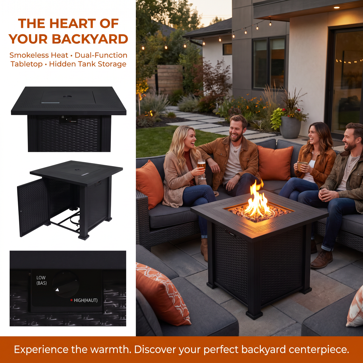 27.95-Inch Modern Outdoor Fire Pit Table with Lava Rocks, Black Steel