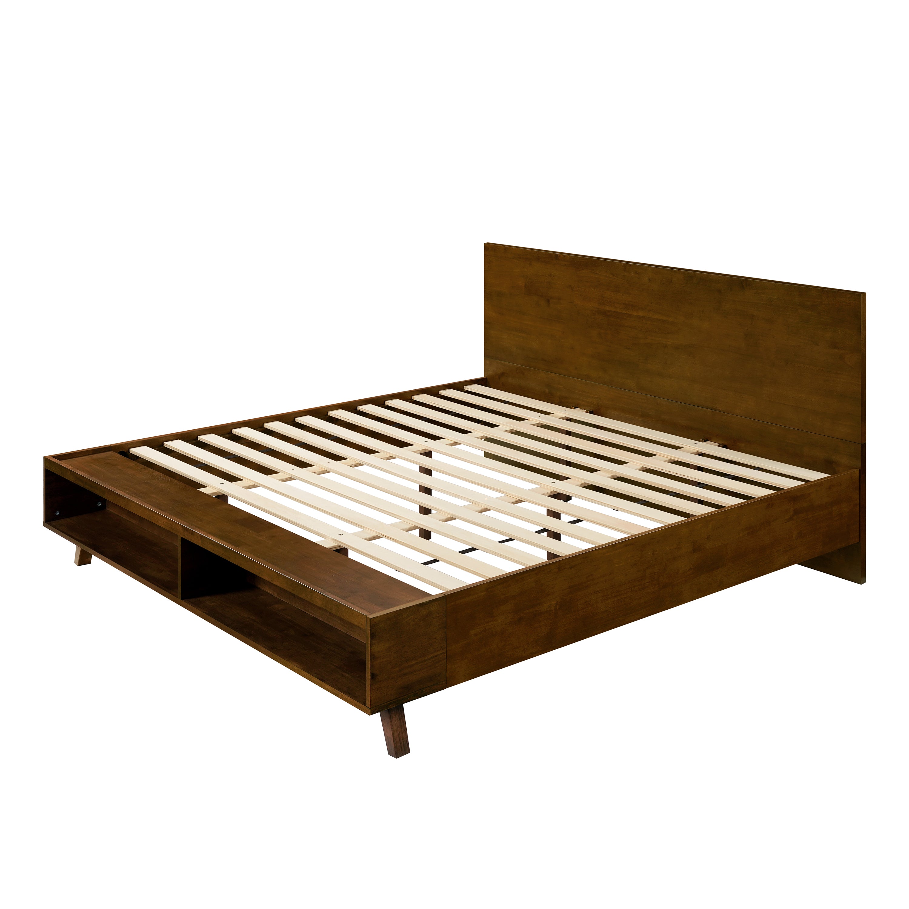Walnut King Size Platform Bed Frame with Footboard Storage