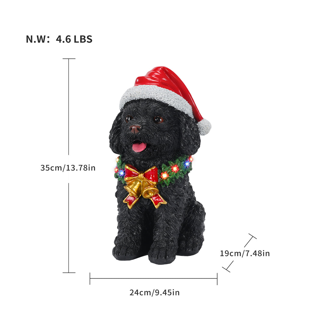 Lighted Christmas Teddy Poodle Dog Statue, Santa Hat Puppy Figurine, Black