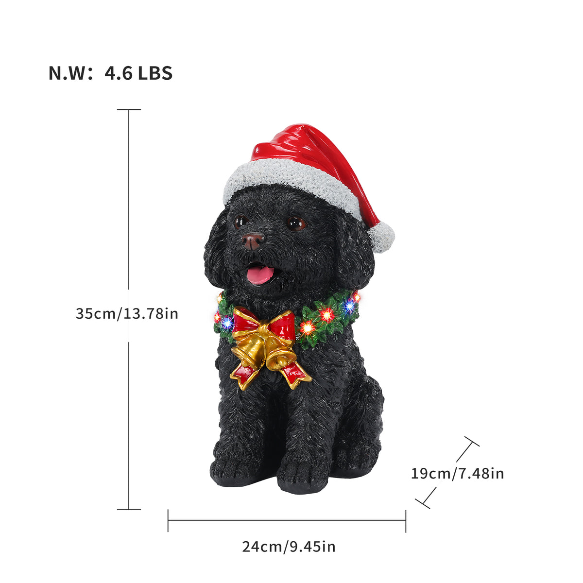 Lighted Christmas Teddy Poodle Dog Statue, Santa Hat Puppy Figurine, Black