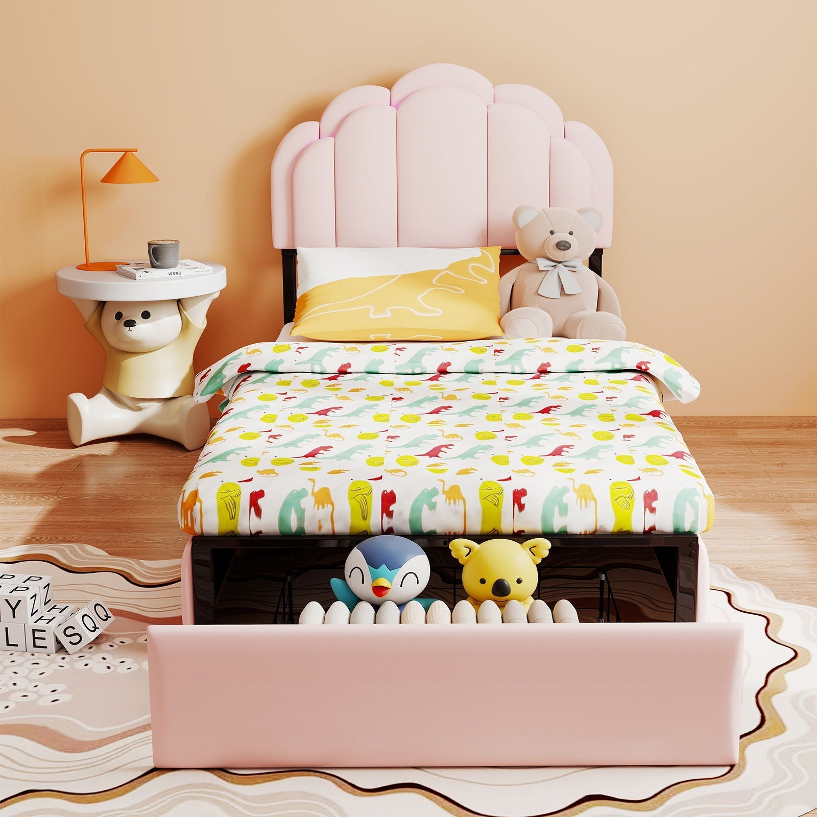 Twin Petal Platform Bed With RGB LED Lights & Storage Drawers, - Pink