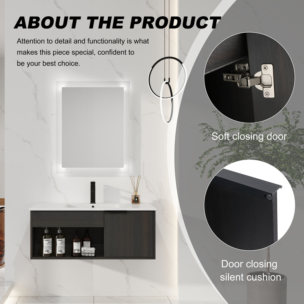 36" Wall-Mounted Floating Bathroom Vanity with Ceramic Sink – Modern Dark