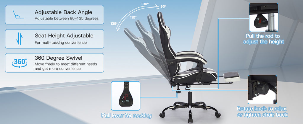 Gaming Chair with Footrest, Ergonomic Computer Chair, Black White Leather