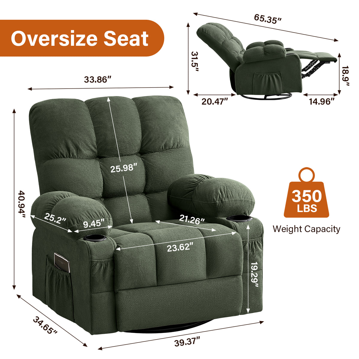 Massage Swivel Recliner Chair with Vibration Massage and Lumbar Heating for Adults,350LBS Oversized Rocker Recliner Single Sofa with Side Pocket,cup holder and USB Charge Port for Living Room