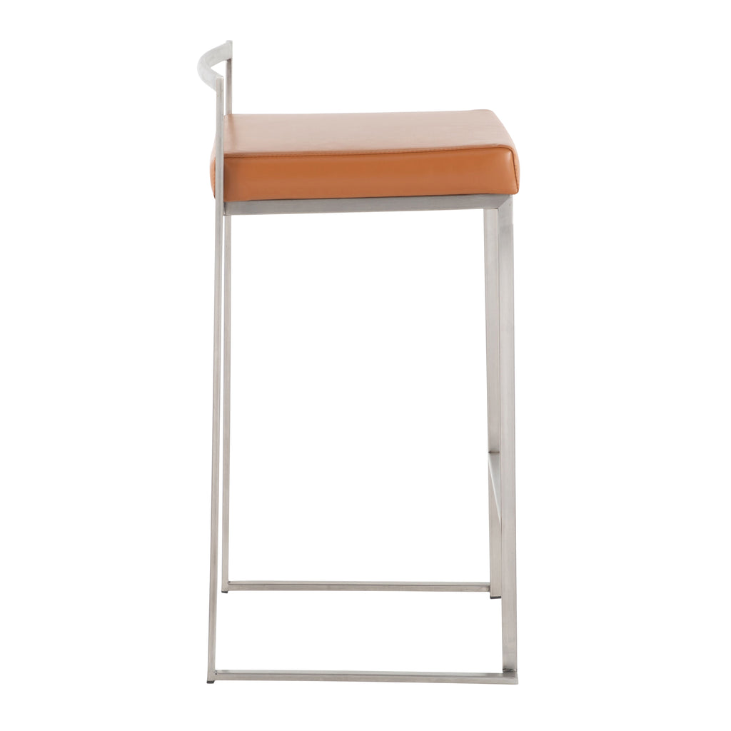 Contemporary Stackable Counter Stool in Stainless Steel with Camel Faux Leather Cushion - Set of 2