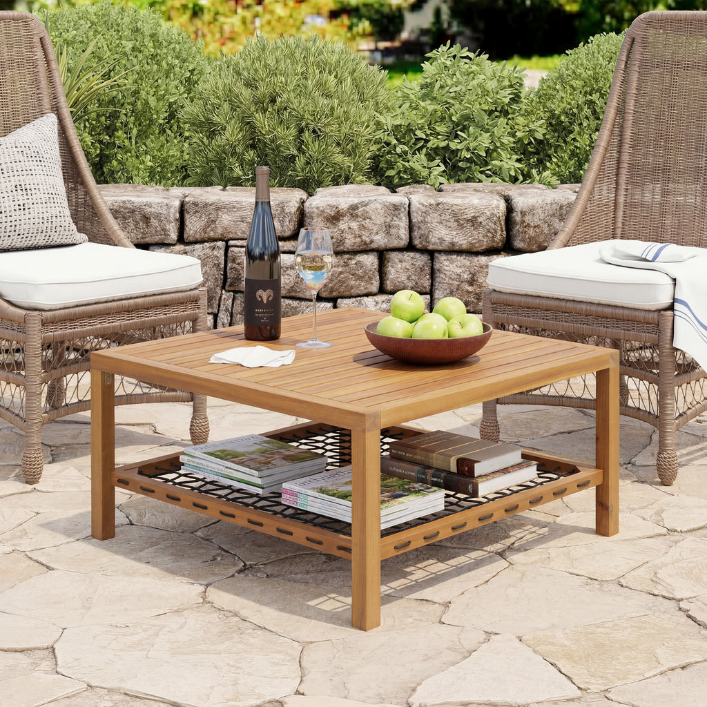Outdoor Acacia Wood Coffee Table with Woven Rope Storage Shelf