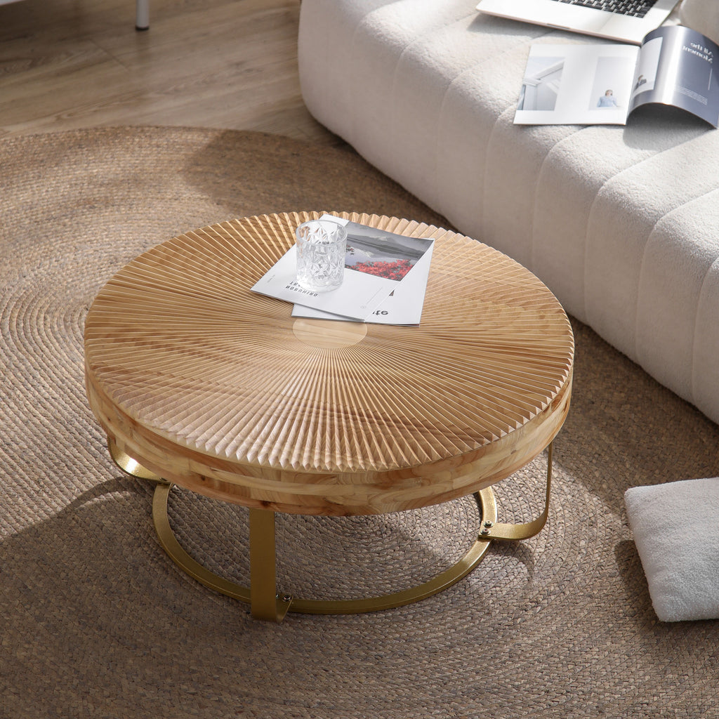 Modern Round Coffee Table with Wooden Carving Pattern