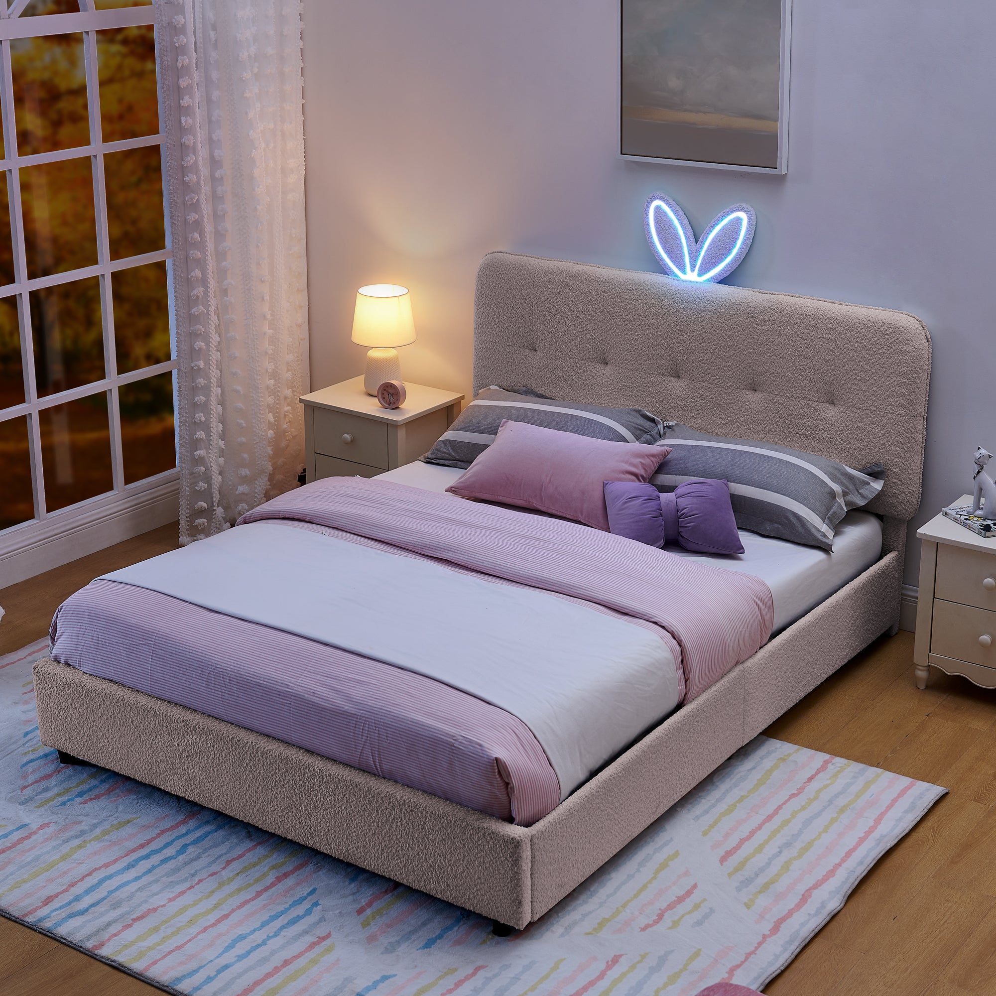 Queen Size Kids Upholstered Bed with Rabbit Ear Headboard