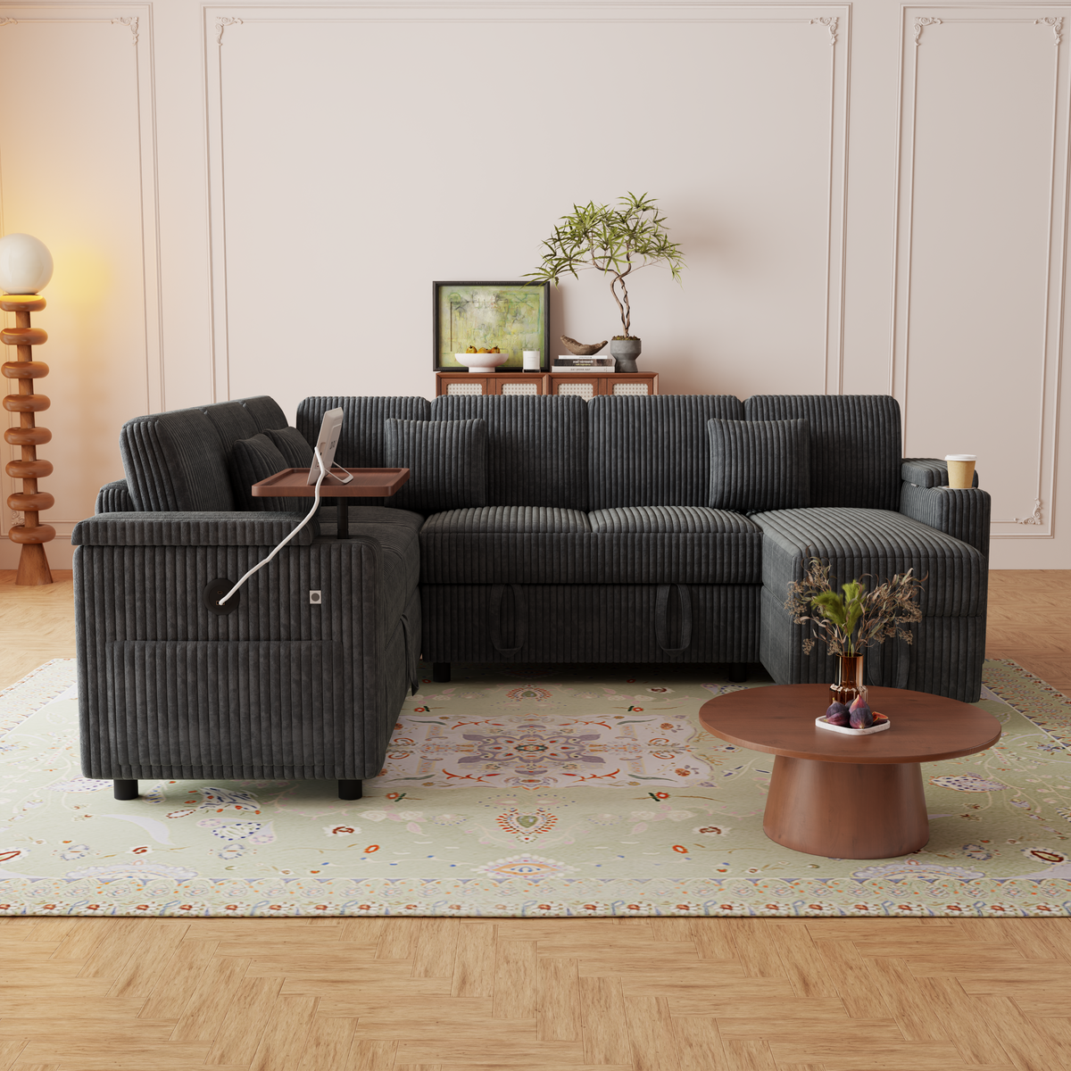 100-Inch Pull-Out Sofa with USB Ports, Table Board & Cup Holder