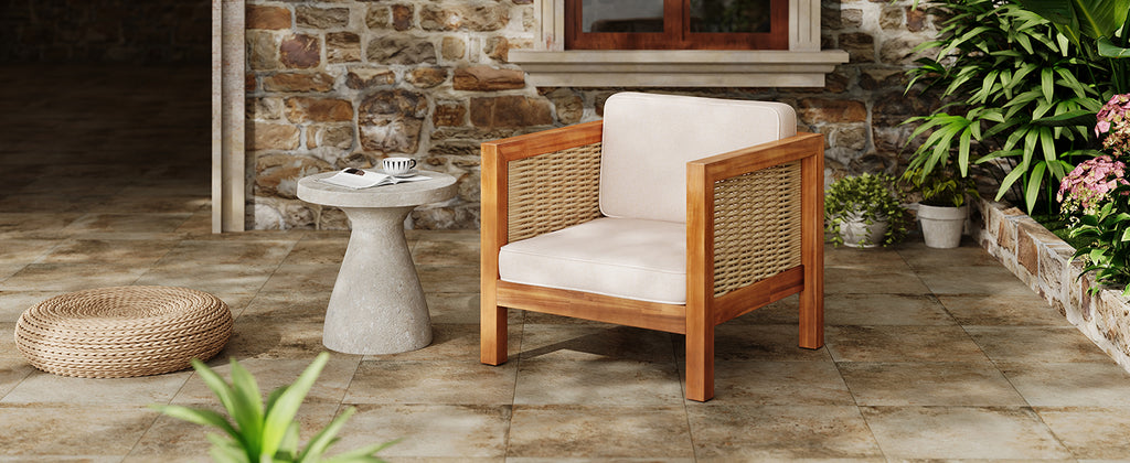 Acacia Wood Outdoor Club Chair with Wicker Armrest