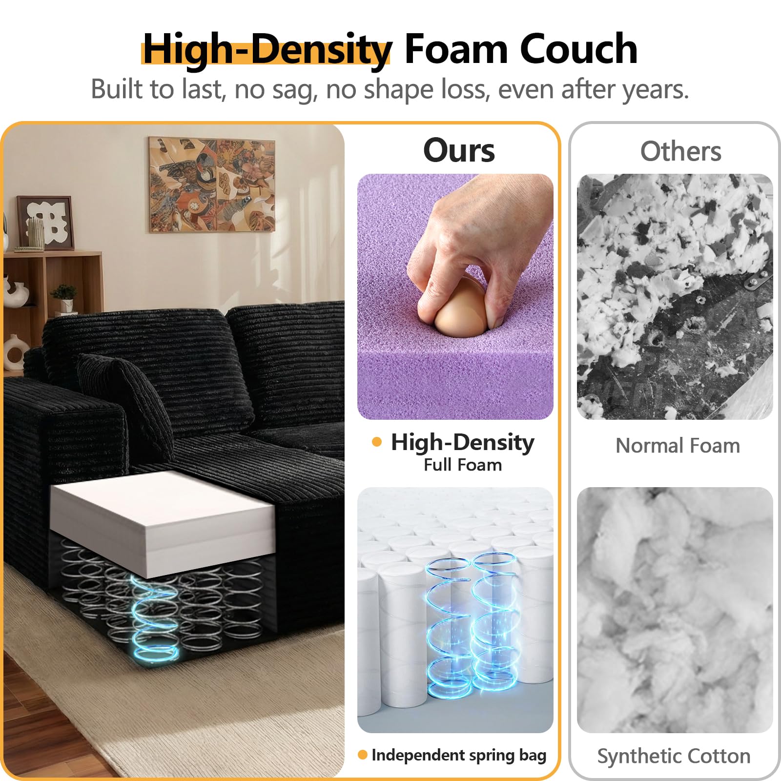 96" Frameless Boneless Soft Sofa with L-Shaped Chaise