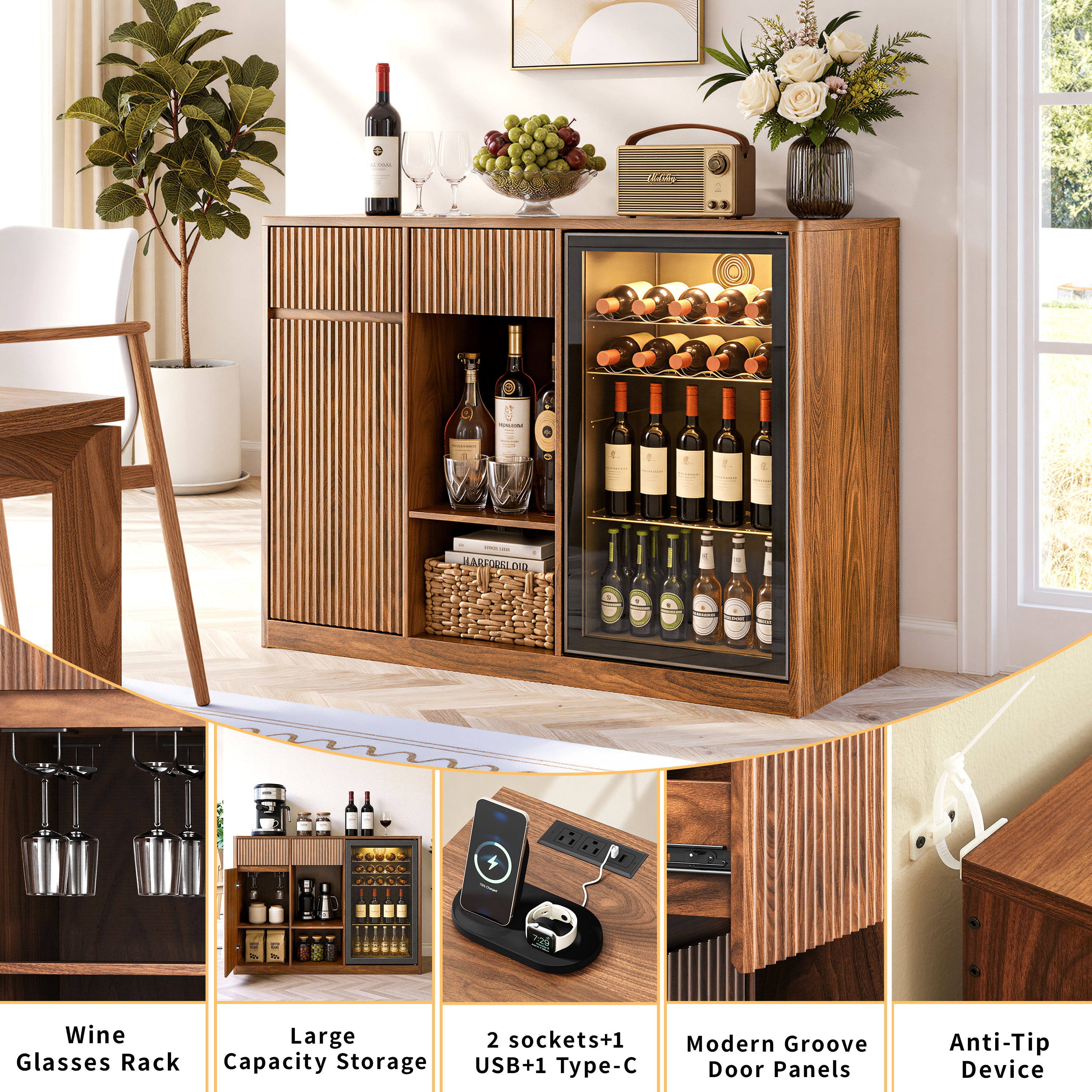 51" Fluted Bar Cabinet with Fridge Space