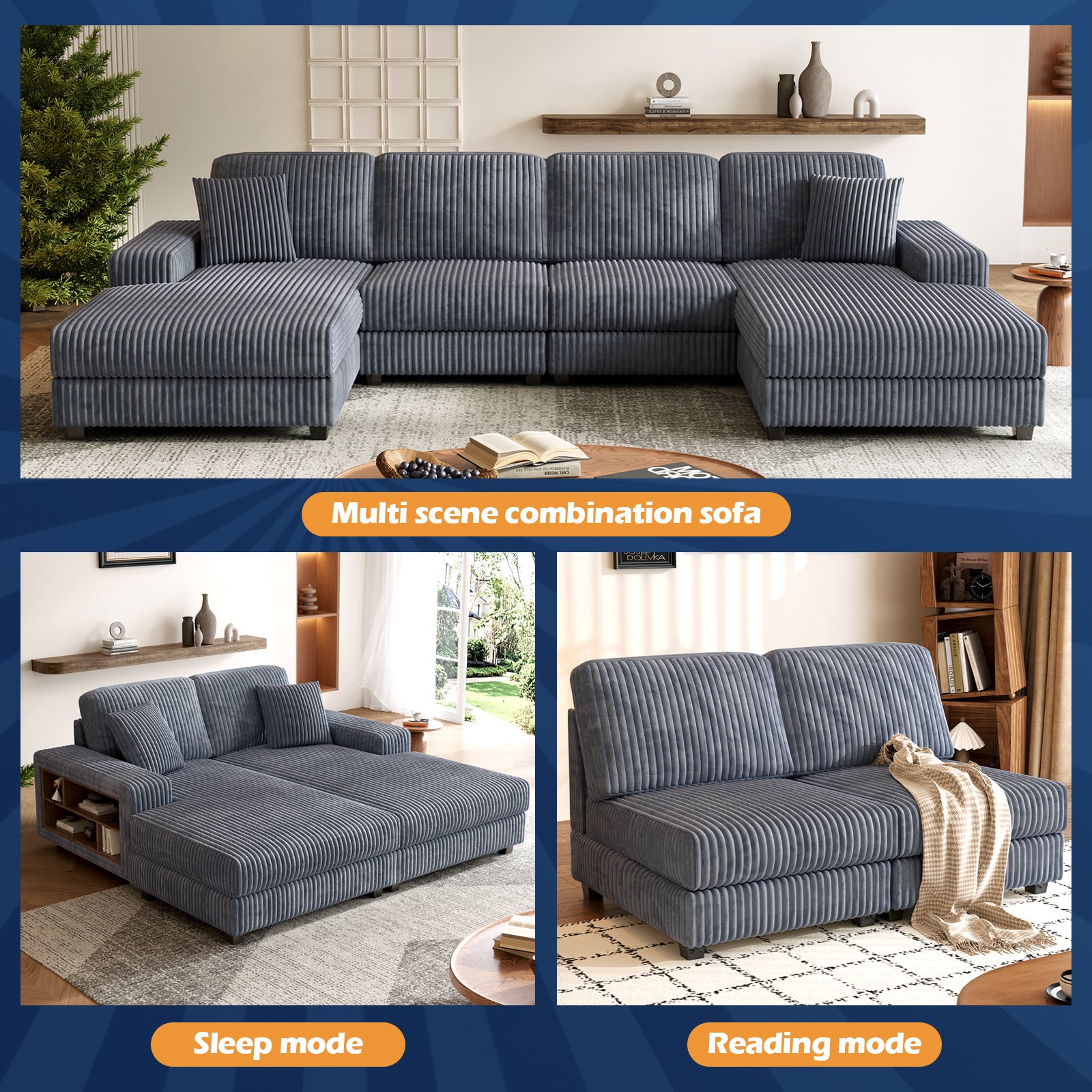 Convertible U-Shaped Combination Sofa, Corduroy Fabric