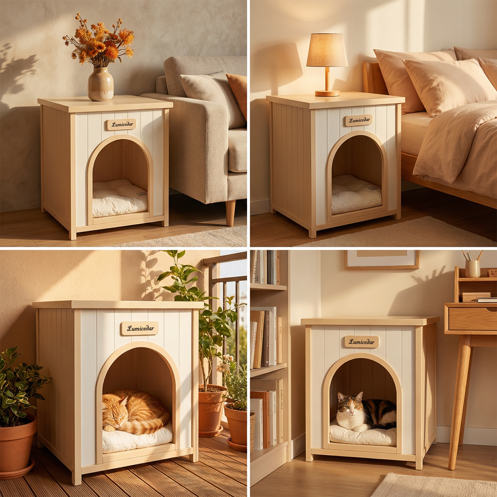 Modern Indoor Wooden Dog House with Removable Cushion