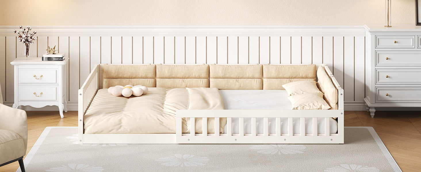 Wood Full Size Upholstered Platform Bed with Guardrail and Pillow