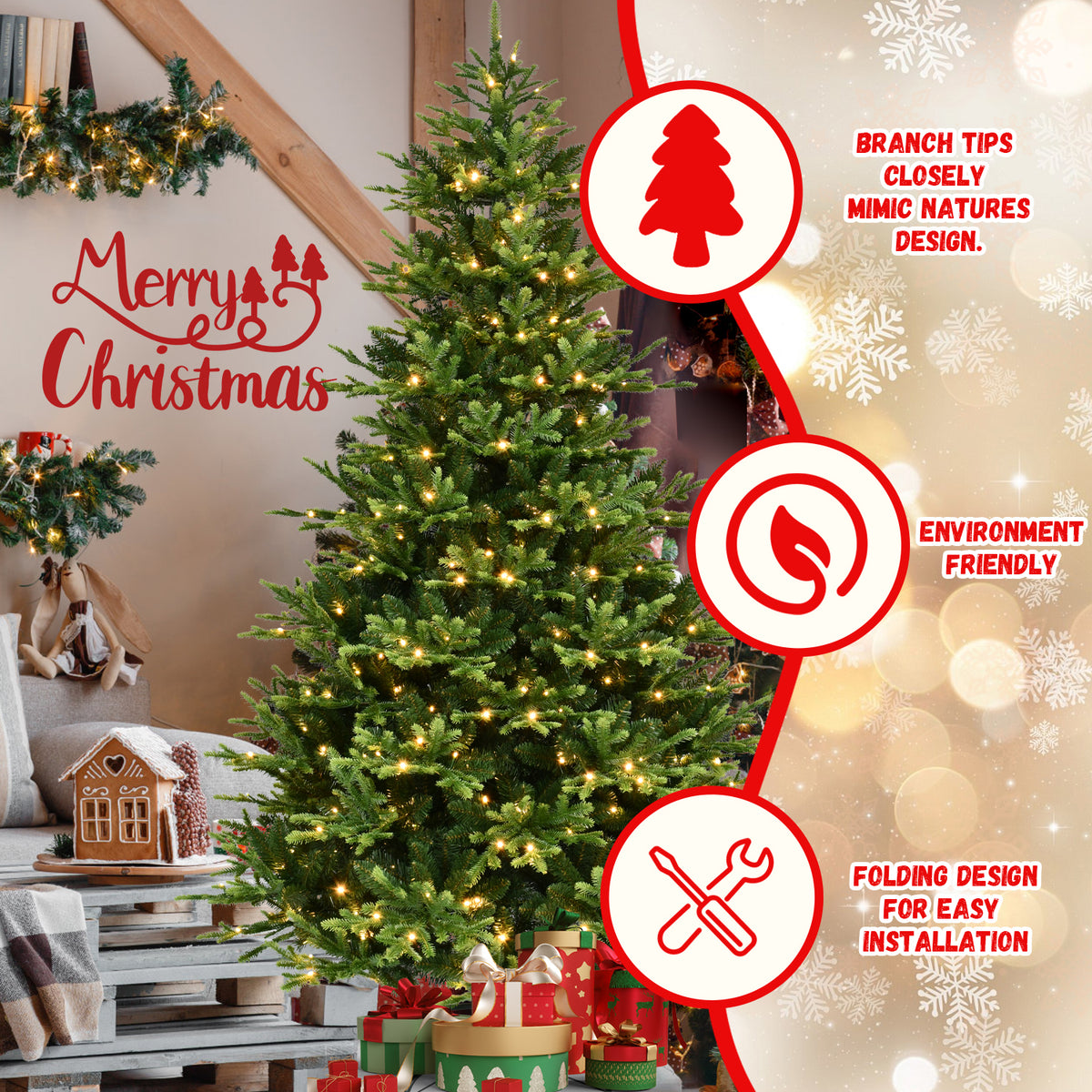 6-Foot Artificial Christmas Tree, Full Lush Shape, 1820 Tips, 350 Warm White LED Lights
