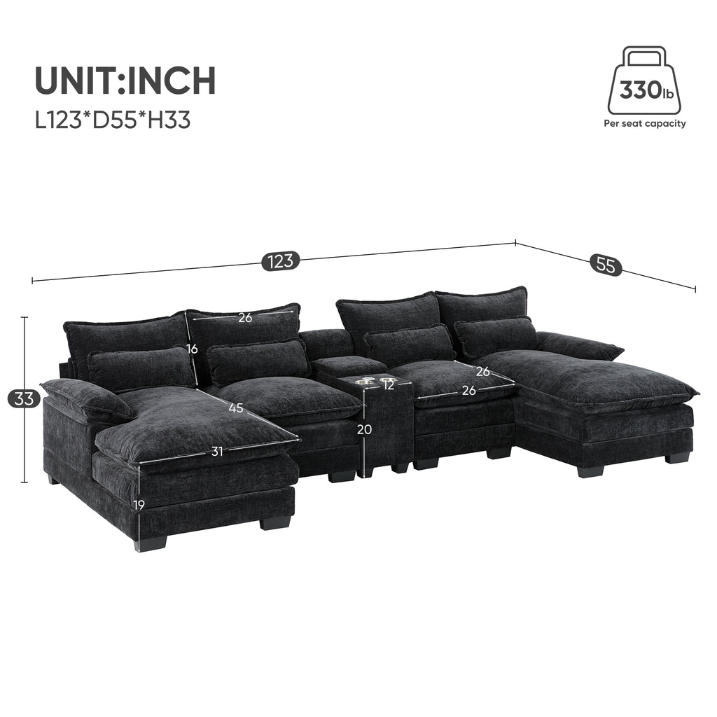 Modern U-Shaped Sectional Sofa with Console, Cup Holders and USB Charger