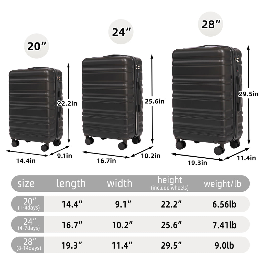 Hifine Tourist 20"/24"/28" 3-Piece ABS Spinner Luggage Set