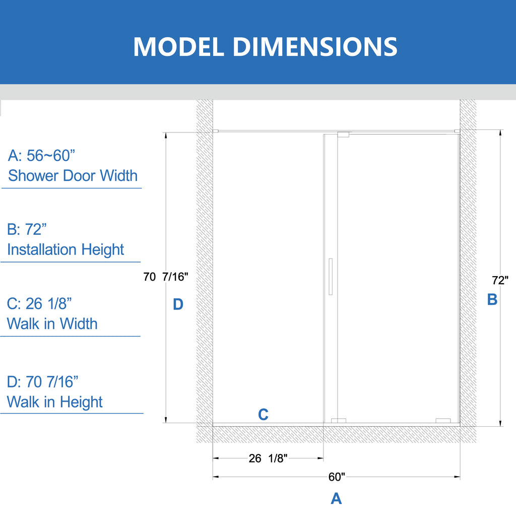 56-60" W x 72" H Semi-Frameless Sliding Shower Door