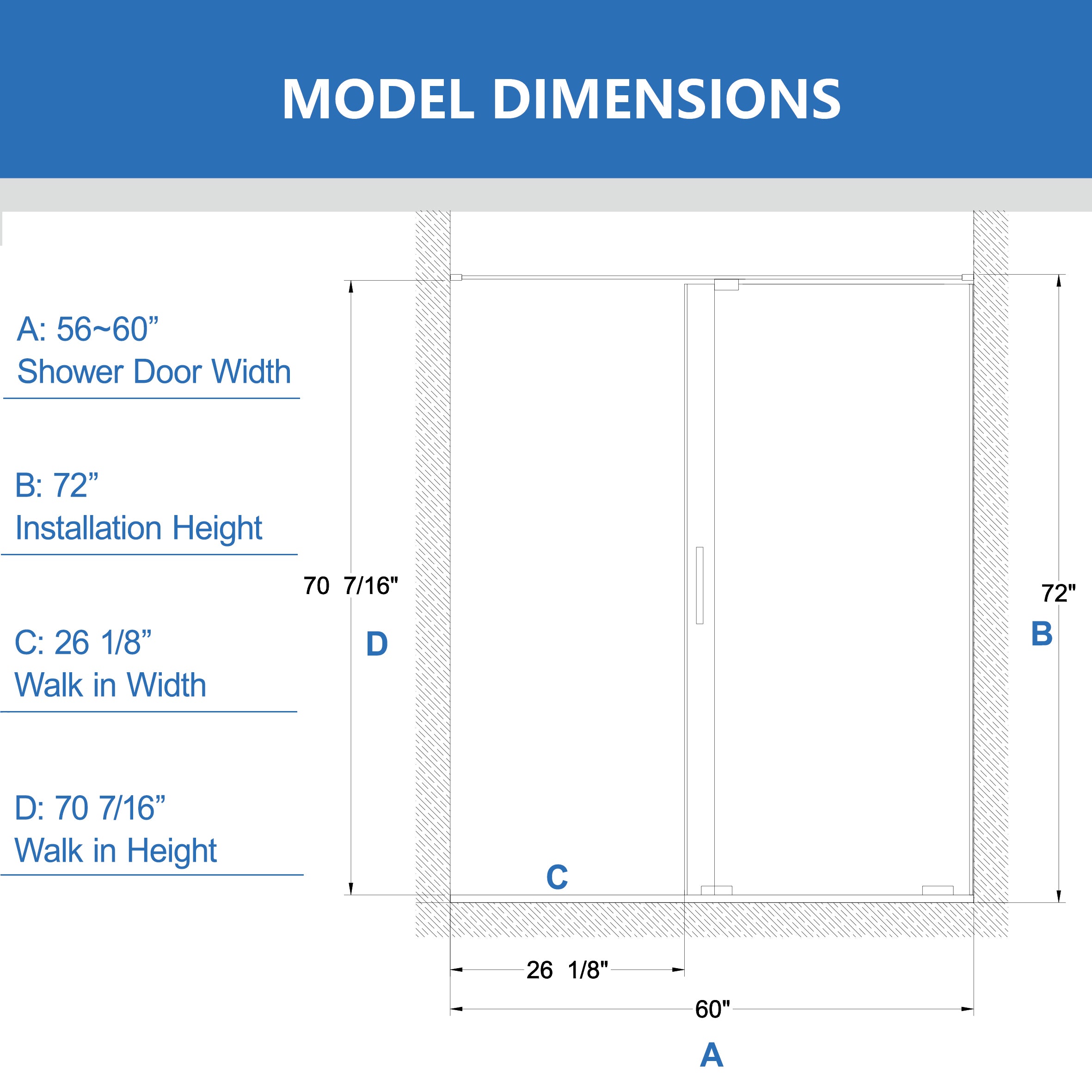 56-60" W x 72" H Semi-Frameless Sliding Shower Door