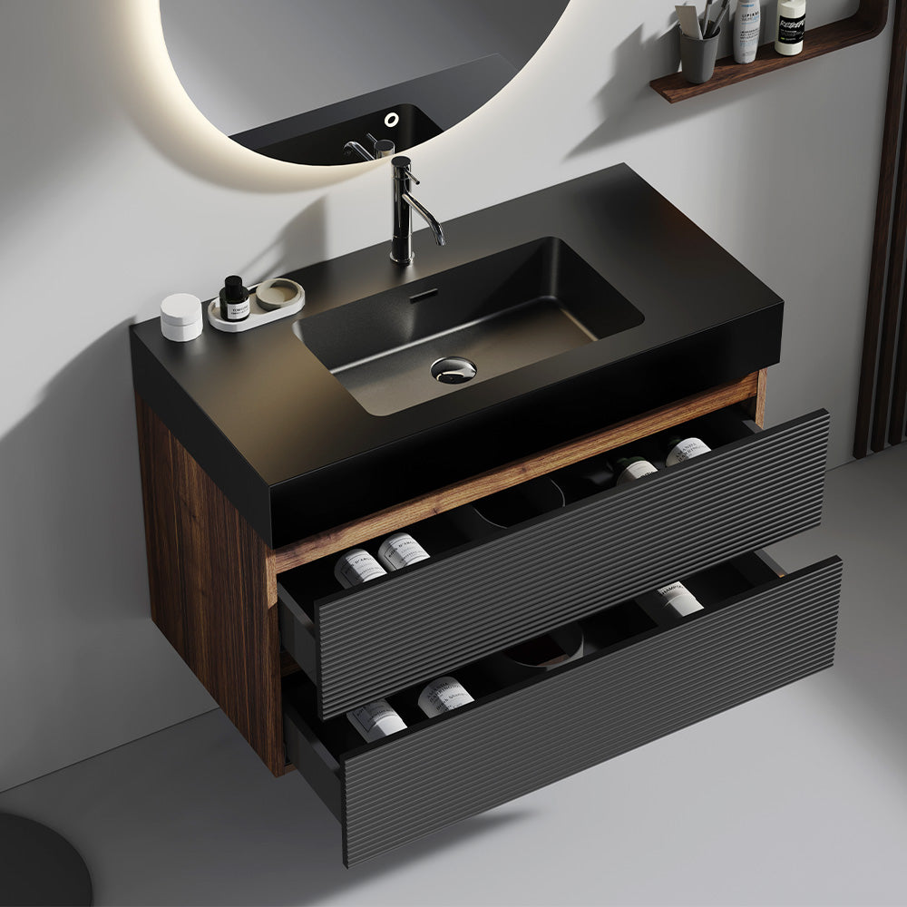 Grace 36" Wall-Mounted Bathroom Vanity, Walnut and Black with Solid Surface Sink