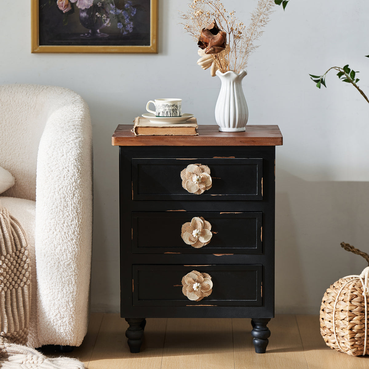 Vintage Farmhouse Nightstand with Floral Knobs, 19-Inch, 3 Drawers, Antique Black