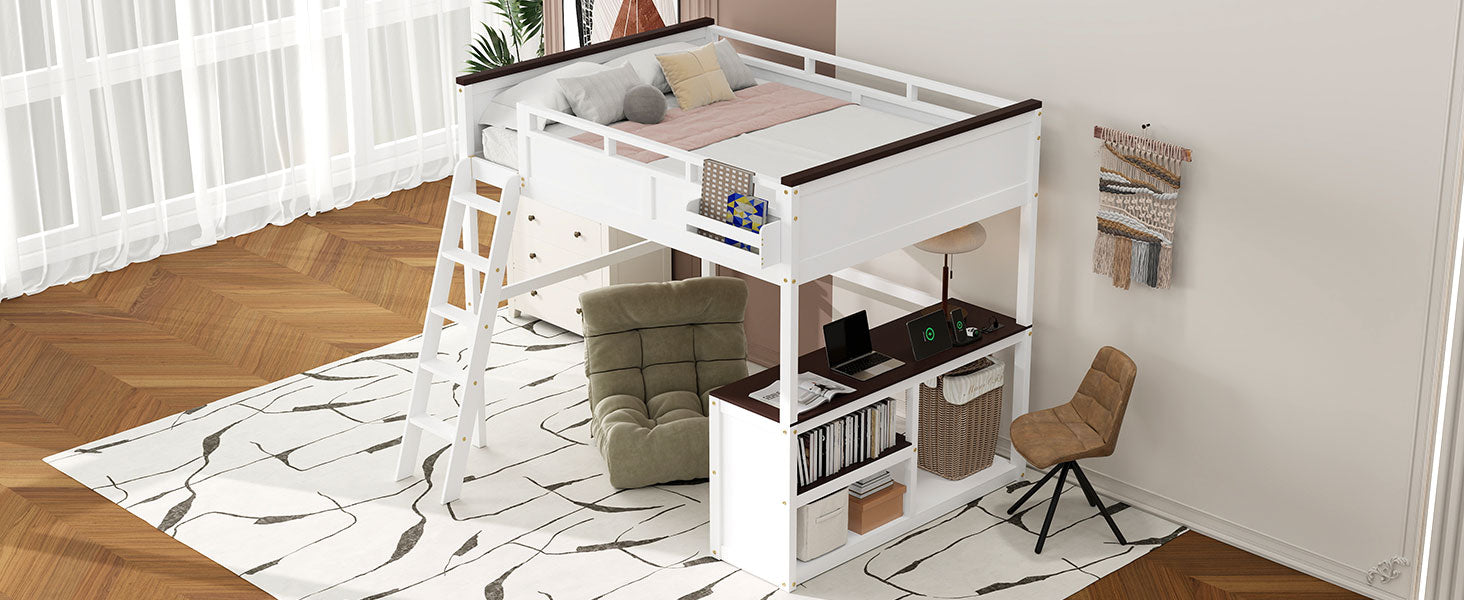 Queen Size Loft Bed With Desk, Open Shelf And Storage Box