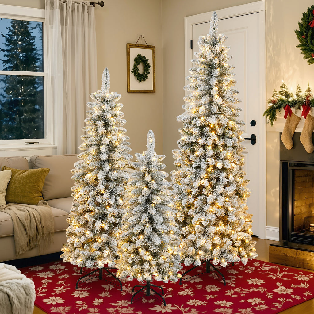 3-Piece Flocked Christmas Tree Set with Warm LED Lights, 4ft 5ft 6ft, Green