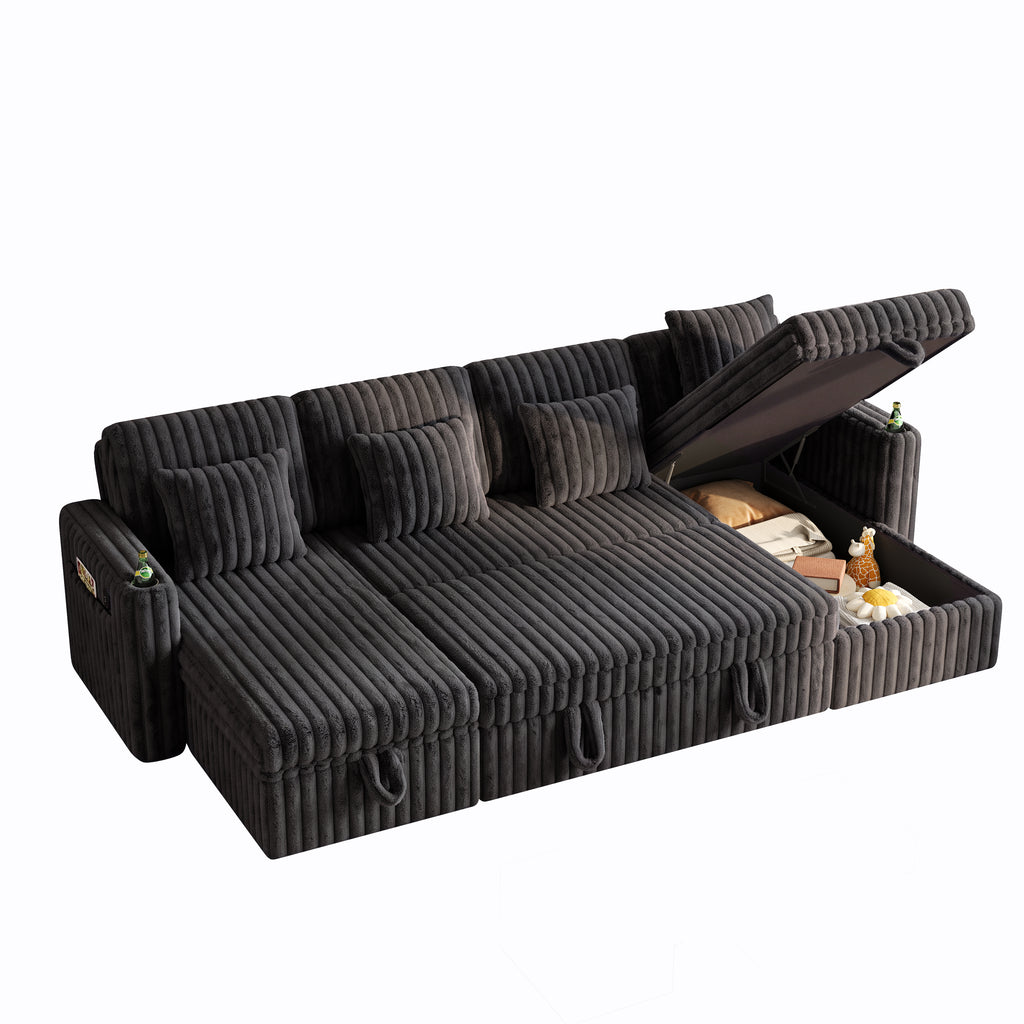 U Shaped Plush Corduroy Sectional Sleeper Sofa