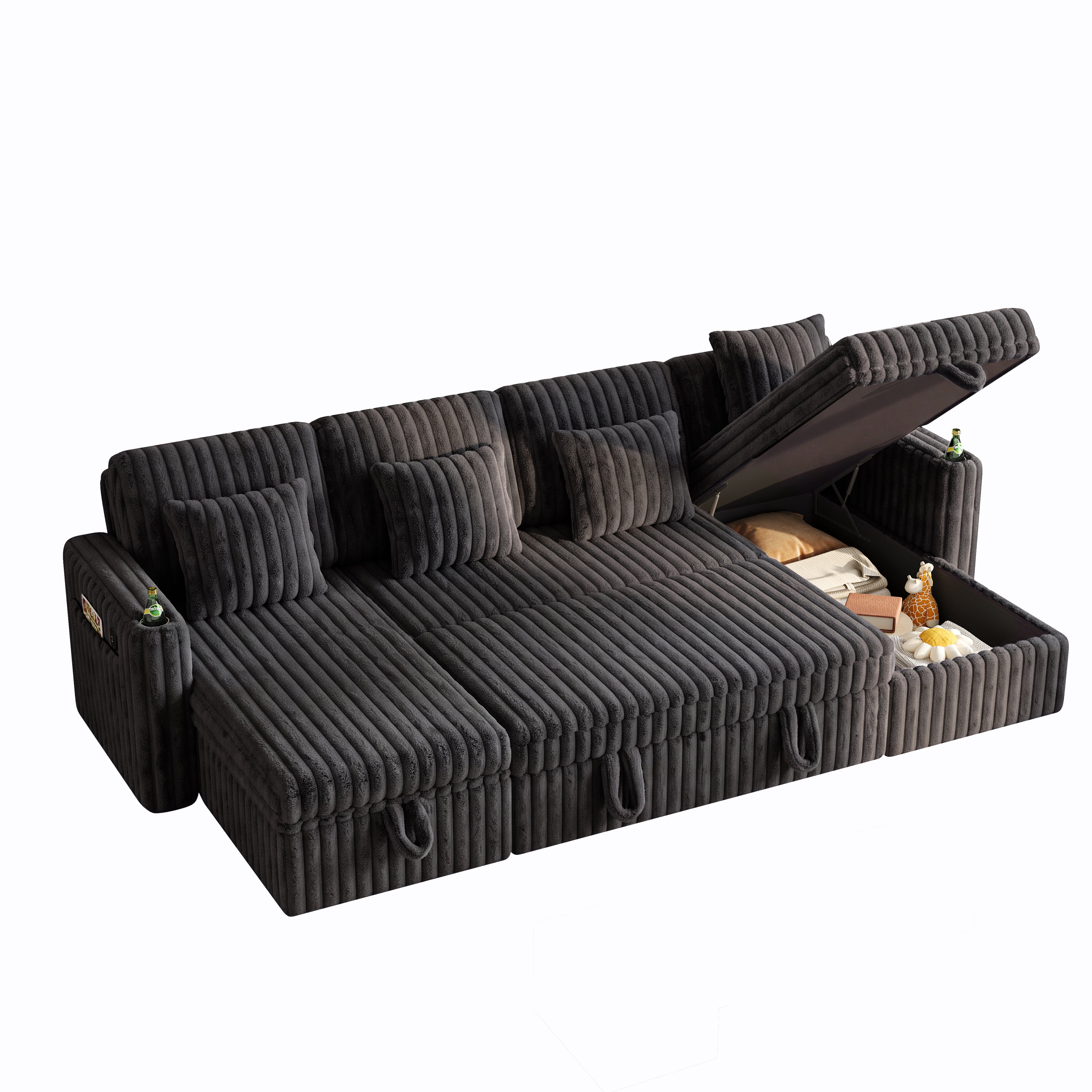 U Shaped Plush Corduroy Sectional Sleeper Sofa