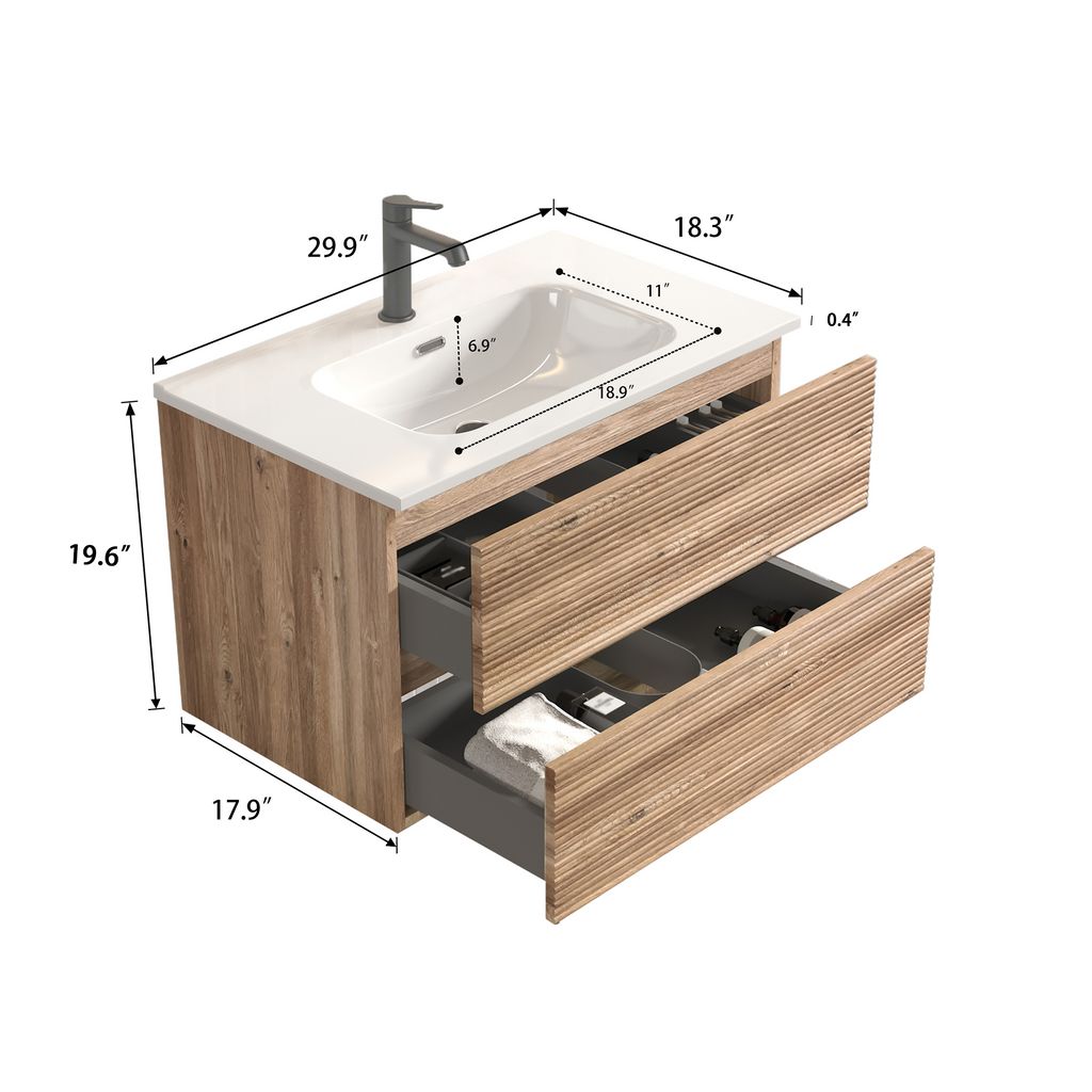 Gloria 30" Wall-Mounted Bathroom Vanity, Rough Oak with Integrated Ceramic Sink
