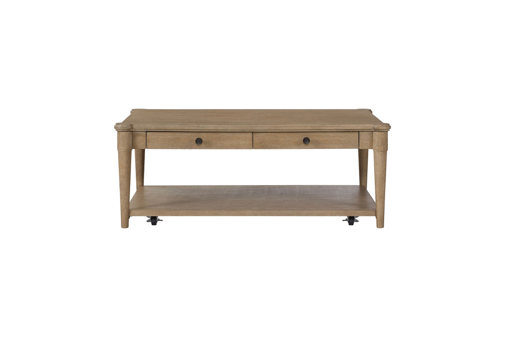 Sand Colored Cocktail Table With Two Storage Drawers and Casters