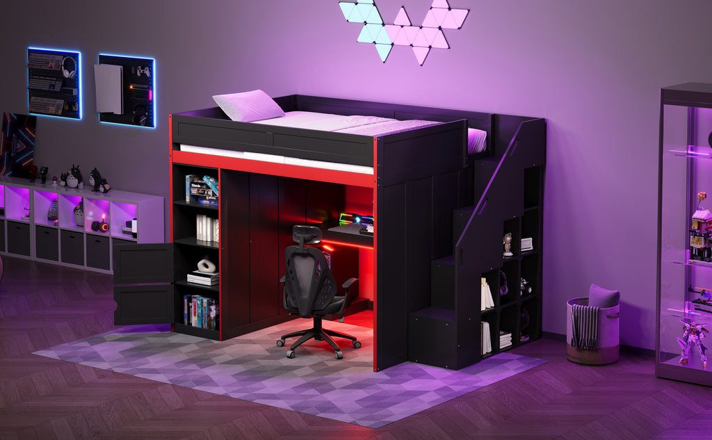 Gaming Loft Bed with Desk and Storage, LED Lights, Full
