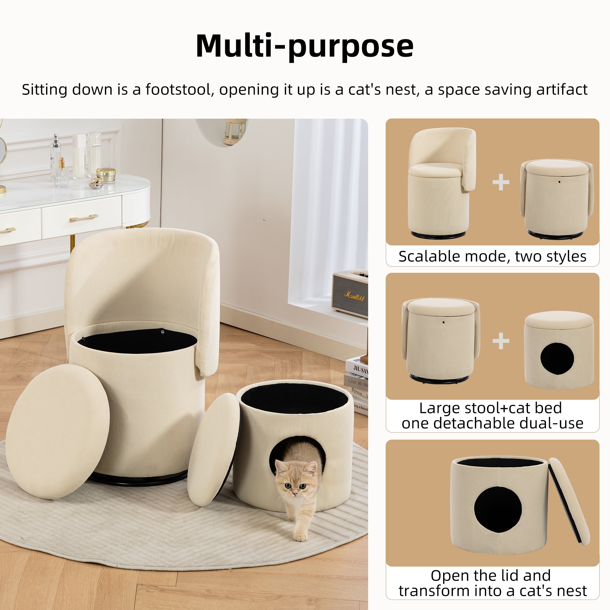Decorative Chair with Storage & Cat Bed Stool