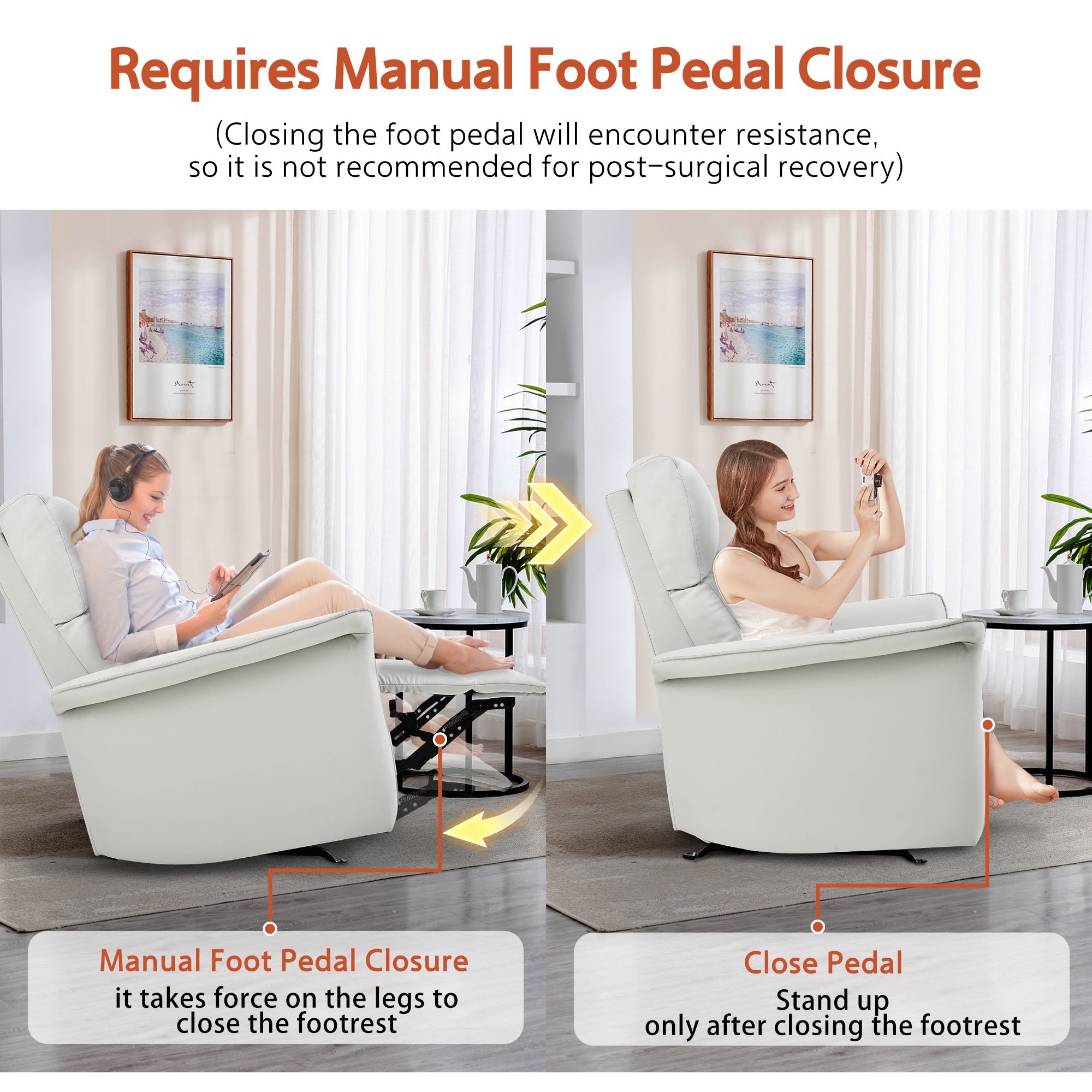 Manual Rocker Recliner Chair for Adults - PU Light Gray