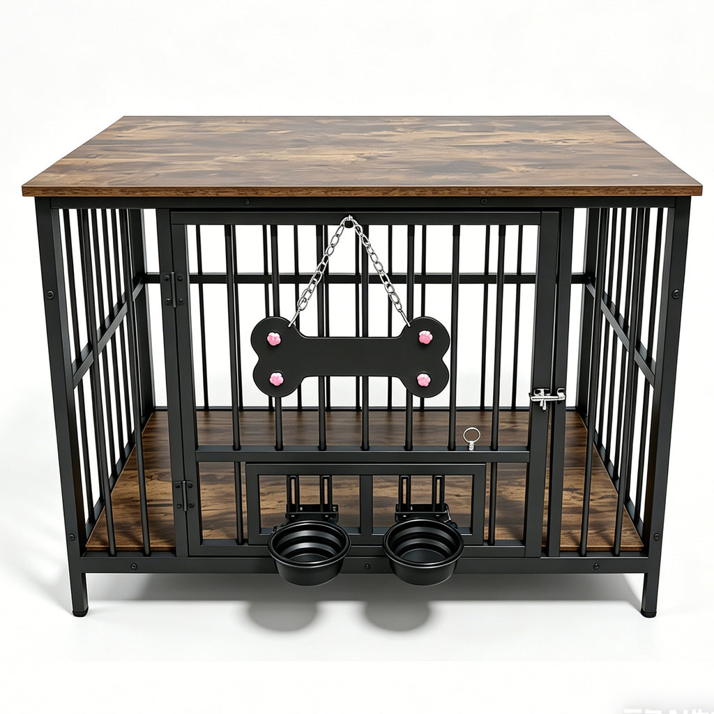 Vintage Wood Grain Dog Cage with 360 Degree Rotating Bowl