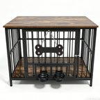 Vintage Wood Grain Dog Cage with 360 Degree Rotating Bowl