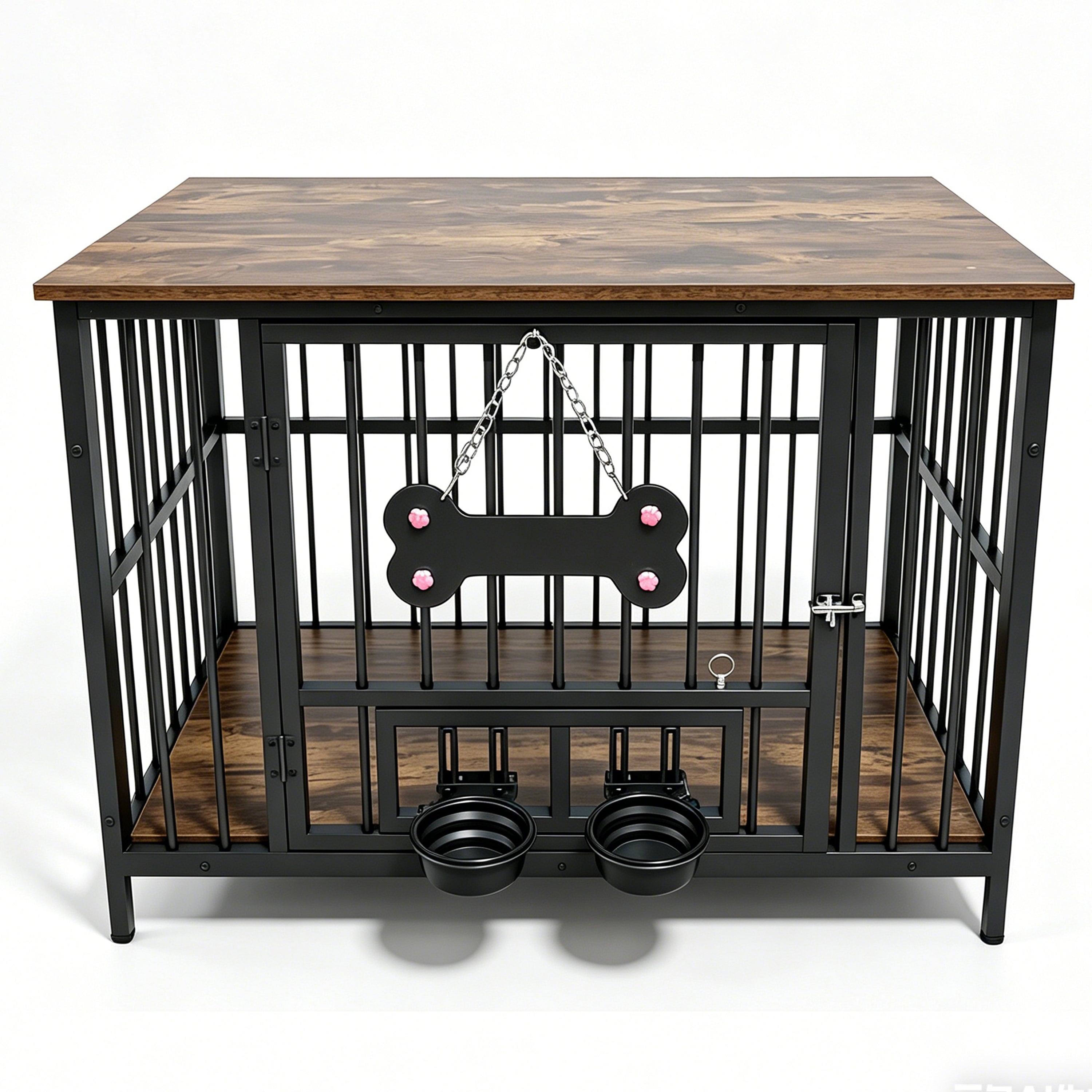 Vintage Wood Grain Dog Cage with 360 Degree Rotating Bowl