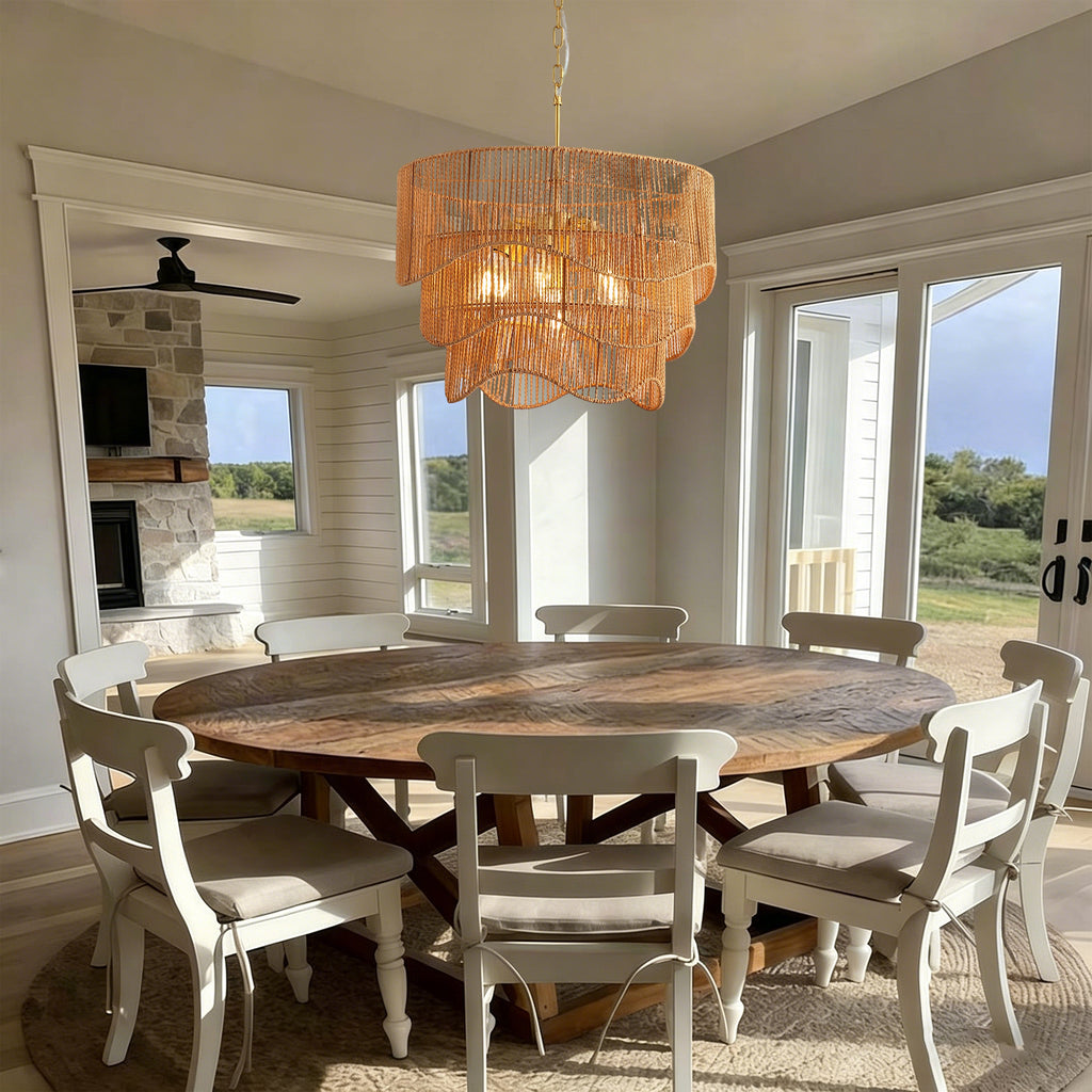 Handwoven Paper Rattan Boho Chandelier with Adjustable Height