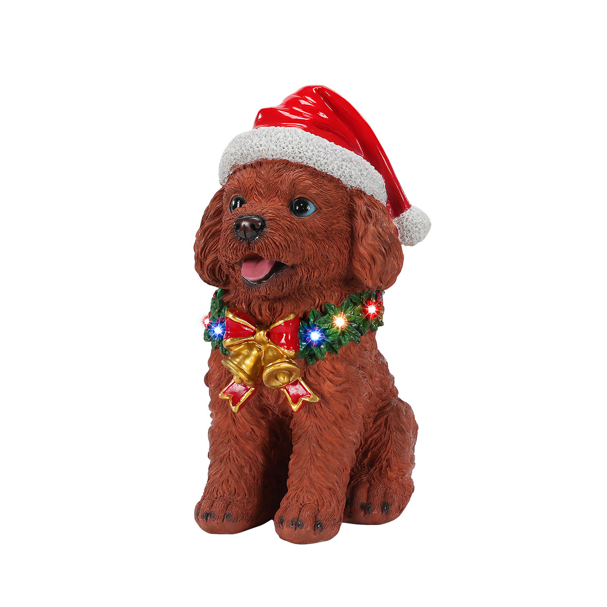 Lighted Christmas Teddy Poodle Dog Statue, Santa Hat Puppy Figurine with LED Wreath and Bells