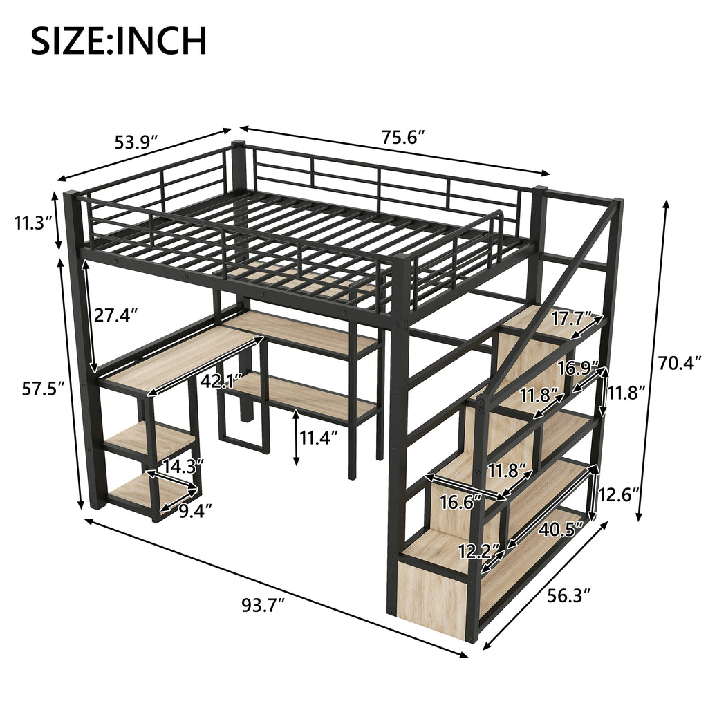 Full Size Metal Loft Bed with Staircase, Built-in Desk and Shelves