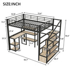 Full Size Metal Loft Bed with Staircase, Built-in Desk and Shelves