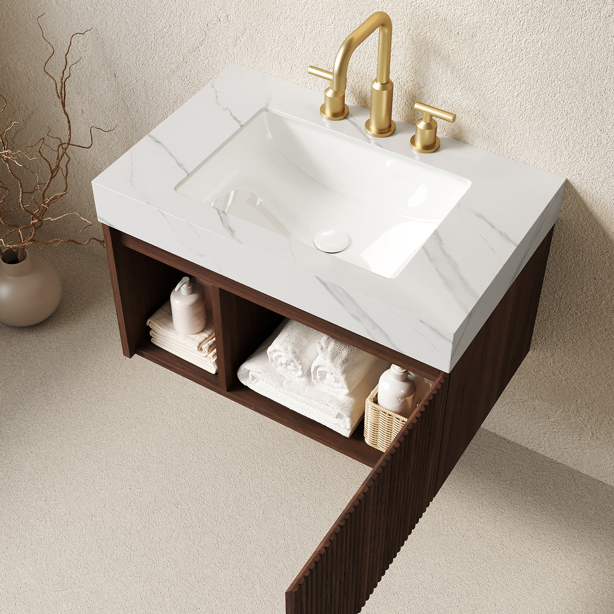 EIDEN 30-Inch Floating Bathroom Vanity with Ceramic Sink, Carrara White and Walnut